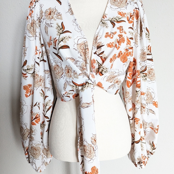 White, orange tan and brown floral tie front balloon long sleeve blouse size L - Picture 7 of 7